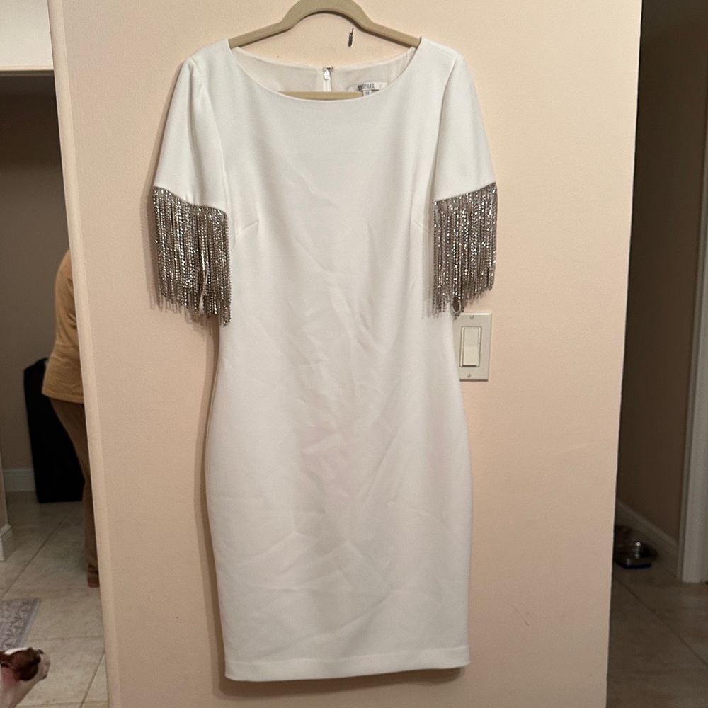 Badgley Mischka White Dress with Silver Fringe size 12